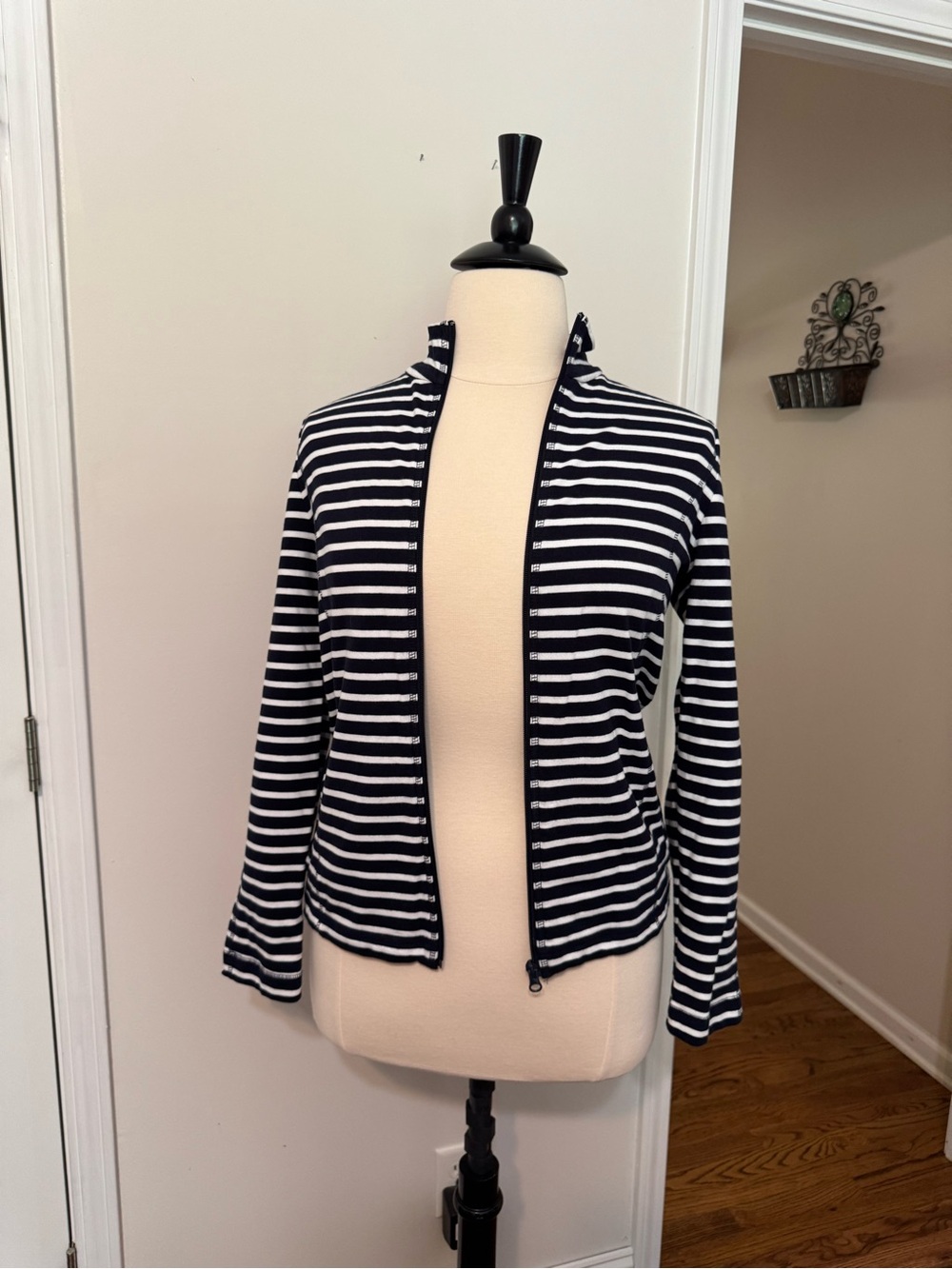 Jones New York Navy and White Striped Zip-Front Jacket